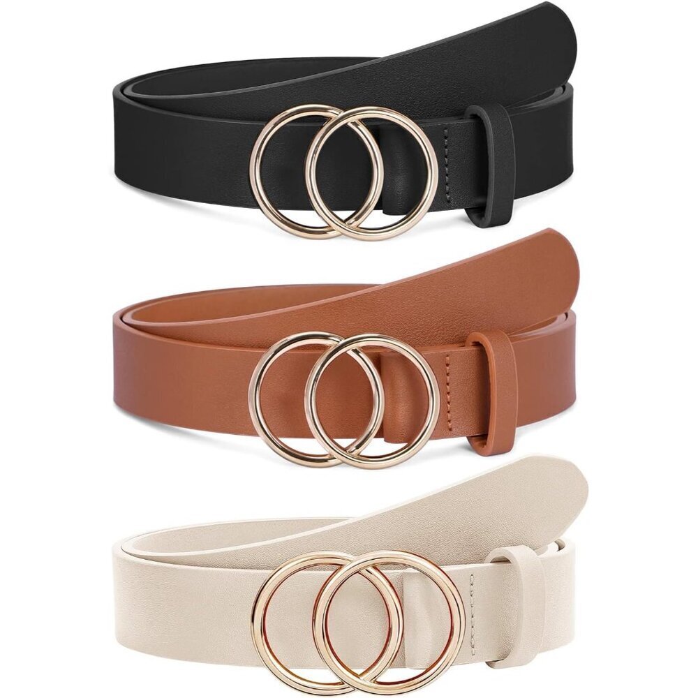 Women's Faux Leather Belts 3-Pack with Gold Buckle Fashion Casual Formal